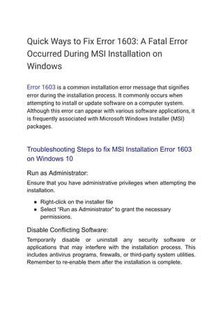 Troubleshooting MSI Error 1603 on Windows Server