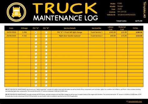 Truck Service Record Template