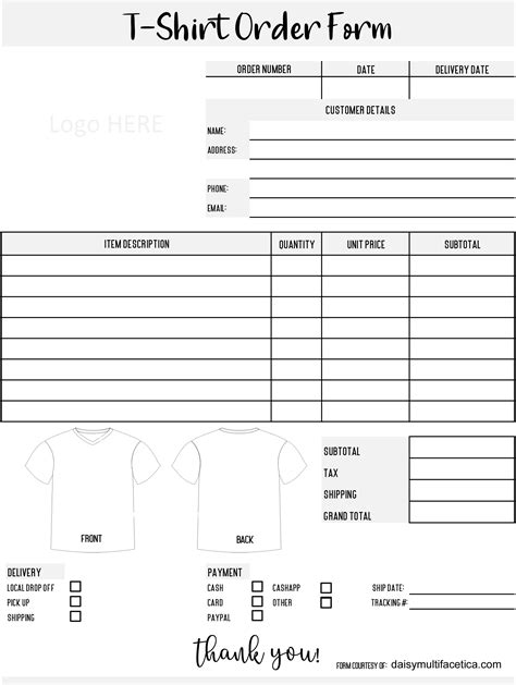 Tshirt Order Form Template