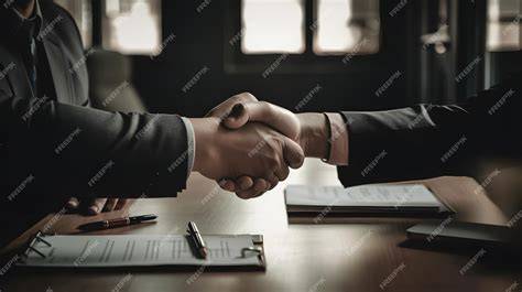 Two people shaking hands over a document