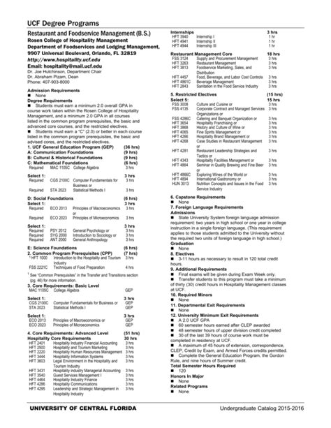 Ucf Hospitality Degree Requirements 2015 Course Catalog