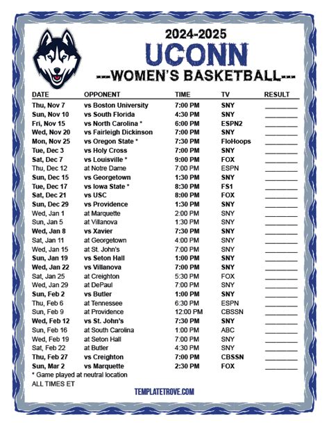 Uconn Womens Basketball Schedule Printable