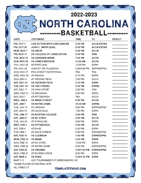 Unc Printable Basketball Schedule
