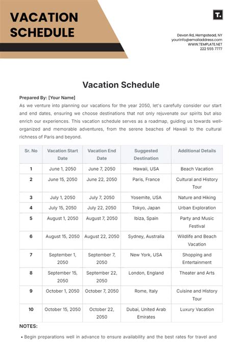 Vacation Schedule Template