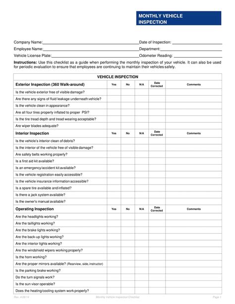 Vehicle Inspection Form Printable