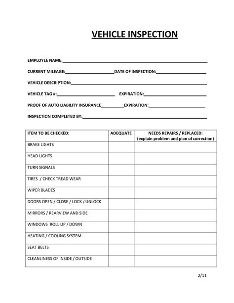Vehicle Inspection Forms Templates