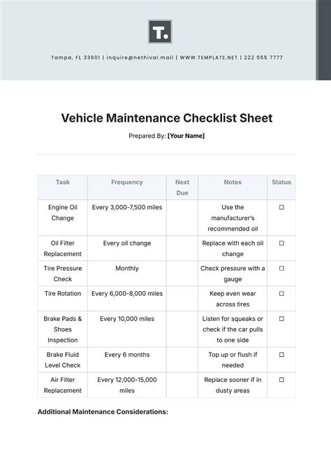 Vehicle Maintenance Checklist Template