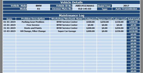 Vehicle Maintenance Log Excel Template