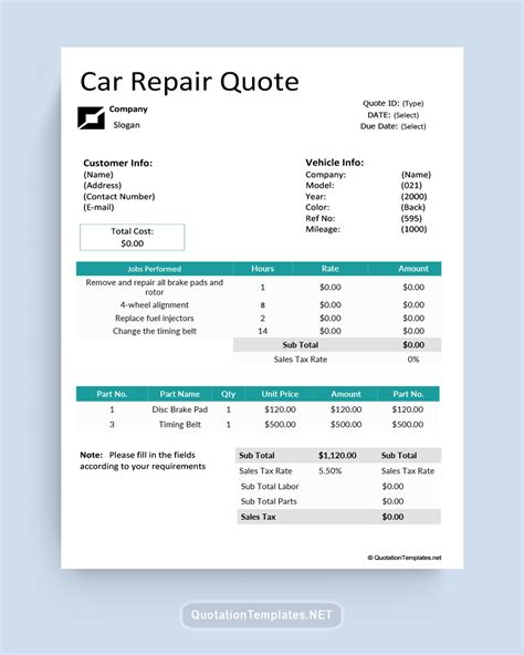 Vehicle Repair Quote Template
