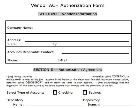 Vendor Ach Authorization Form Template Free