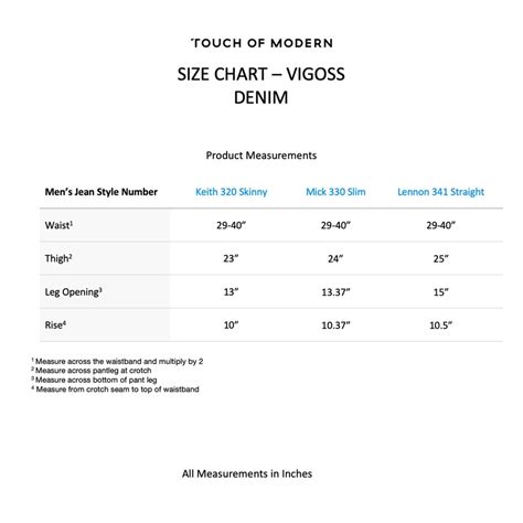 Vigoss Jeans Size Chart