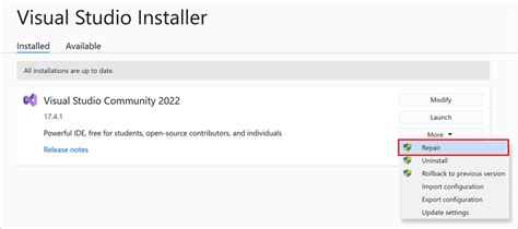 Visual Studio Repair Option