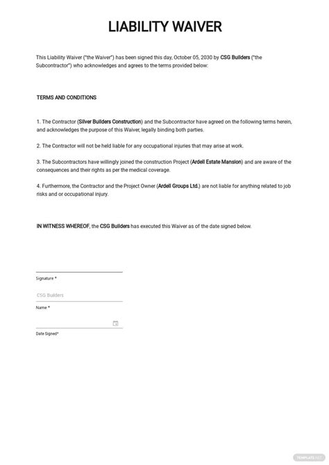 Waiver Of Responsibility Template