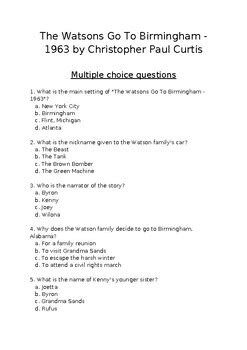 Watsons Go To Birmingham Free Printable Multiple Choice Test