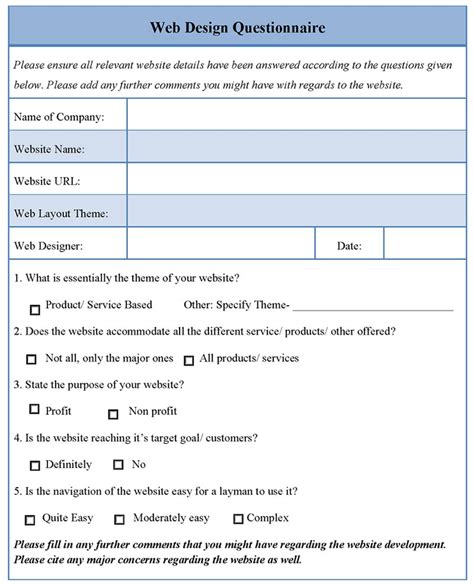 Website Design Questionnaire Template