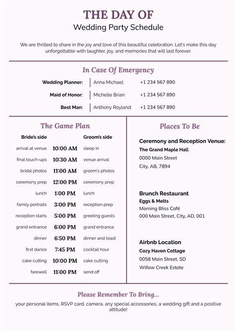 Wedding Party Schedule Template