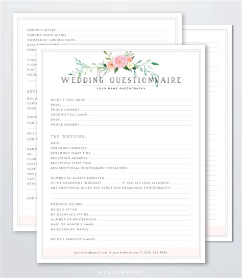Wedding Photography Questionnaire Template