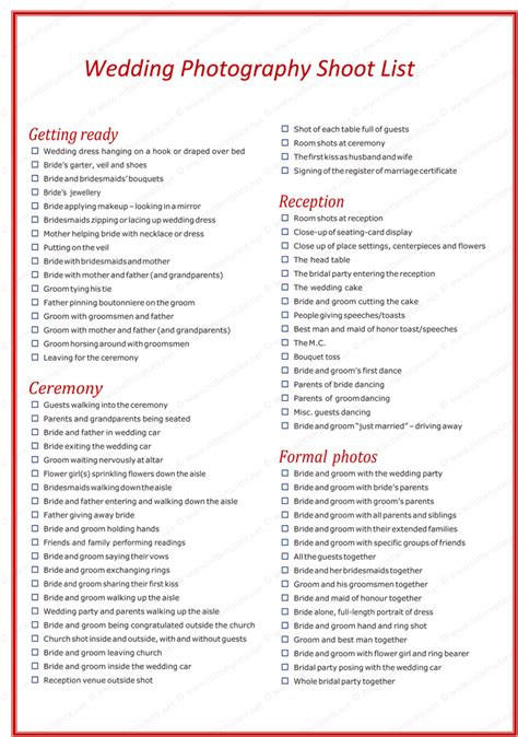 Wedding Photography Shot List Template
