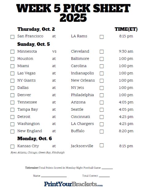 Week 5 Nfl Schedule Printable