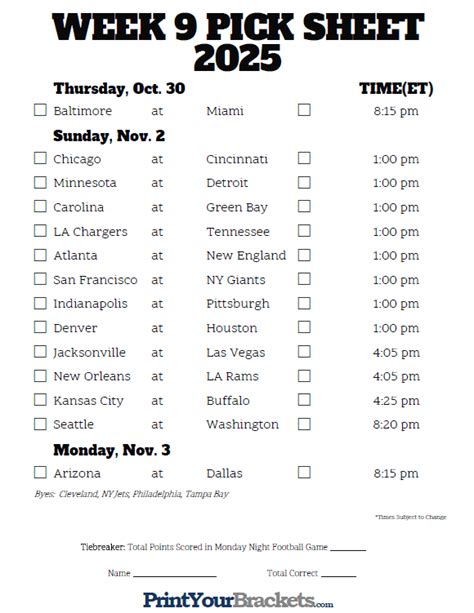 Week 9 Nfl Printable Schedule