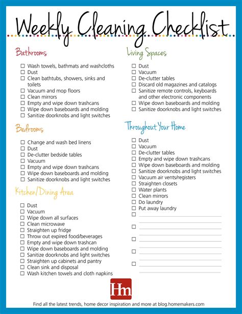 Weekly Cleaning List Template