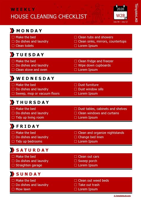 Weekly House Cleaning Checklist Template