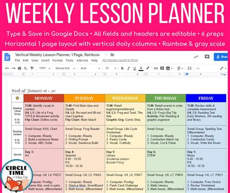 Weekly Lesson Plan Template Google Docs