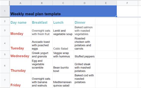 Weekly Meal Plan Template Google Sheets