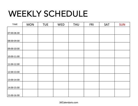 Weekly Schedule Template Hourly