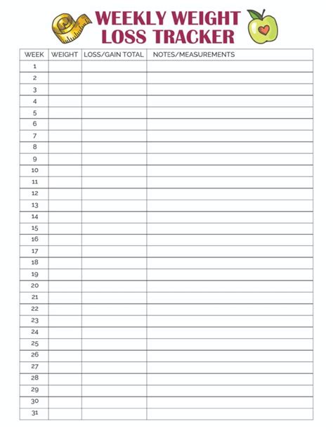 Weekly Weight Loss Tracker Printable