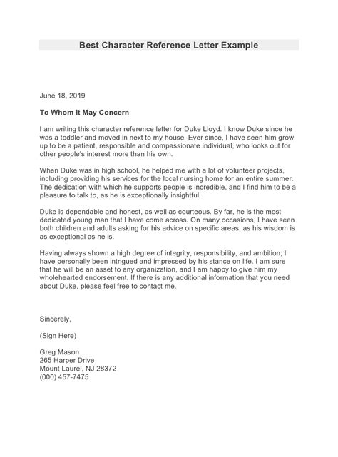 What is character reference examples