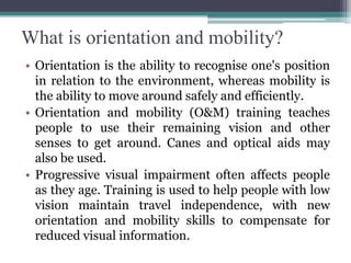 What is the most useful for orientation and mobility training for visual impairment