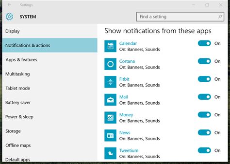 Notification settings for individual apps in Windows 10