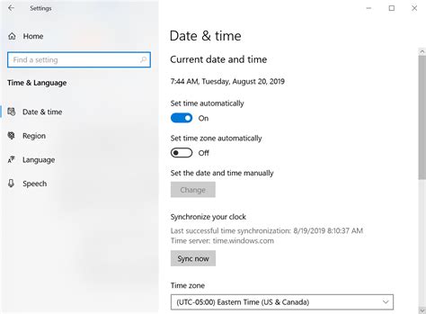 Windows Date and Time Settings