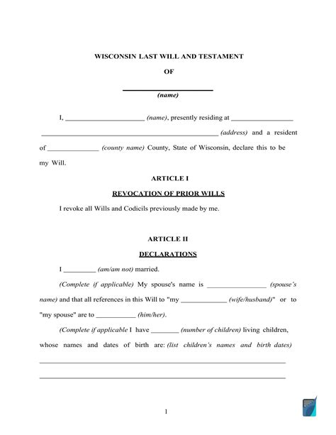 Wisconsin Will Template