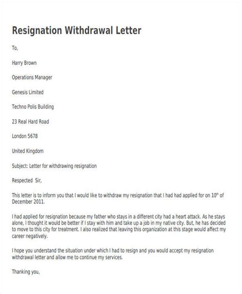 Withdrawal Of Resignation Letter Template