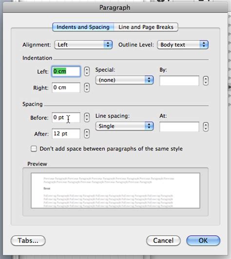 Word Paragraph Dialog