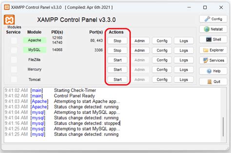 XAMPP control panel screenshot