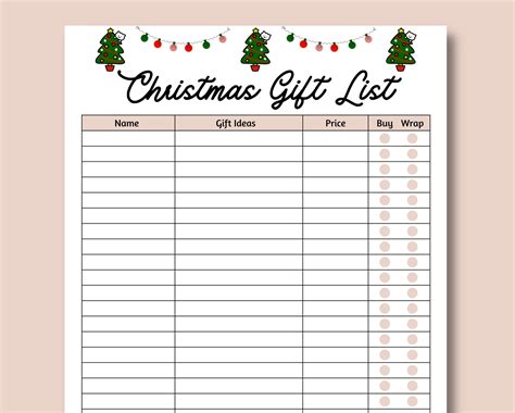 Xmas Present List Template