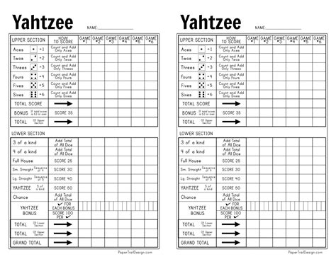 Yahtzee Cards Printable
