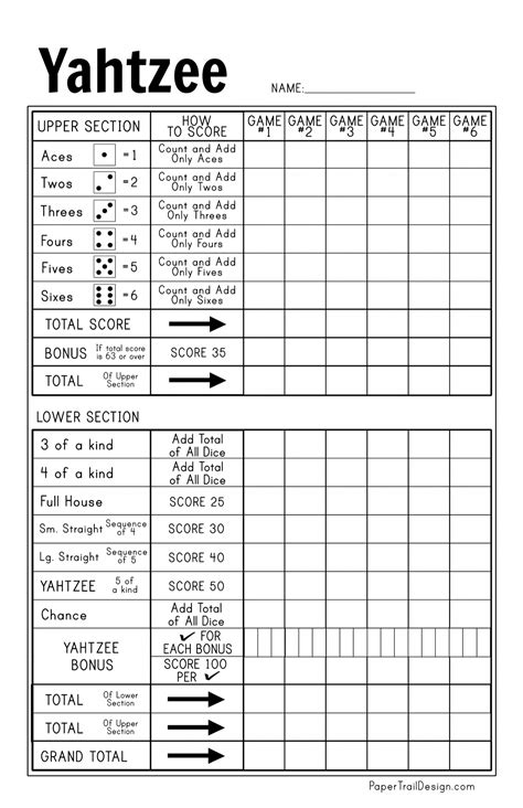 Yahtzee Game Card Printable