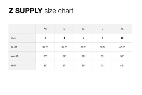 Z Supply Size Chart