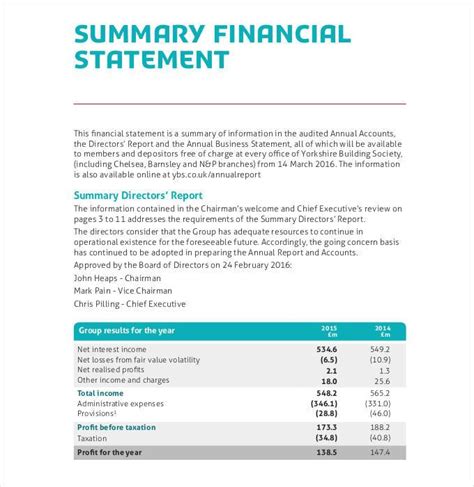 accounting summary statement examples