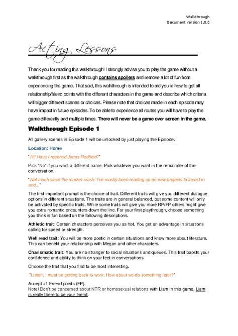 Acting Lesson Walkthrough