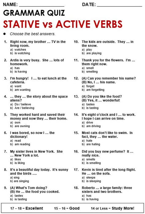 active and stative verbs exercises