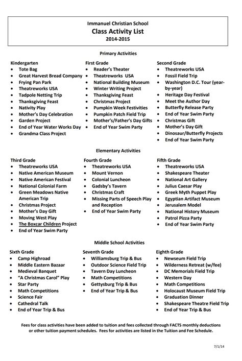 activities list for students