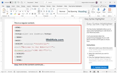 add code block in word document