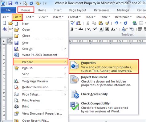 add document properties in word