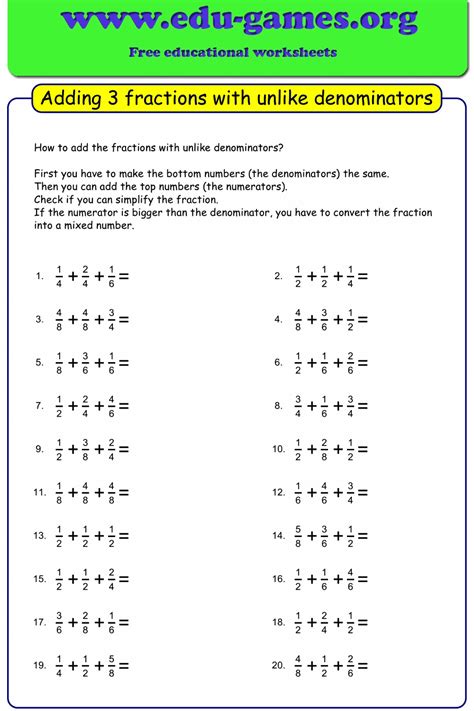 adding fractions with unlike denominators examples worksheet