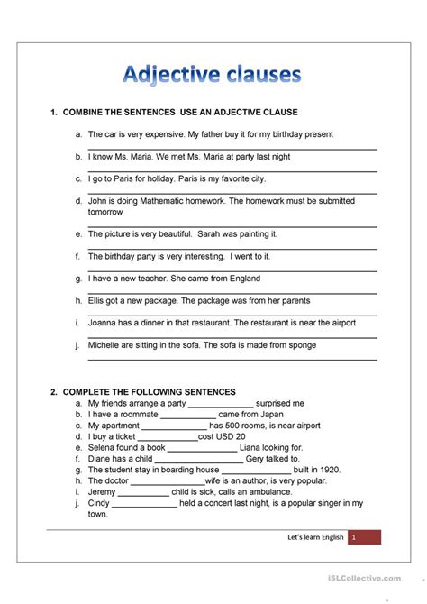 adjective clauses exercises with answers pdf grade 8